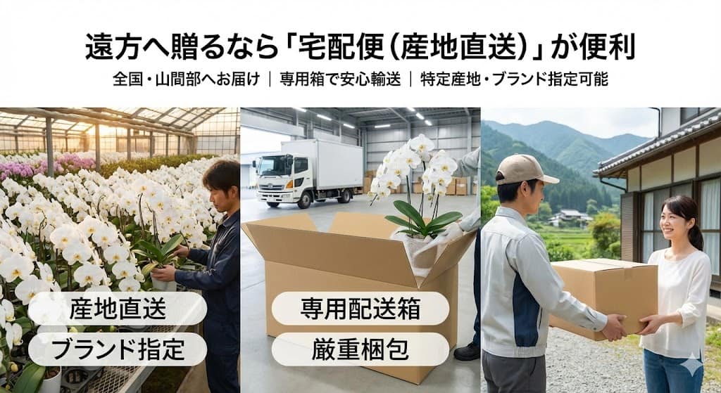 遠隔地や山間部への配送に適した、専用箱で守られた胡蝶蘭のイメージ。 産地直送の鮮度と、長距離輸送でも花を傷めない確実な梱包・配送体制を象徴するビジュアル。
