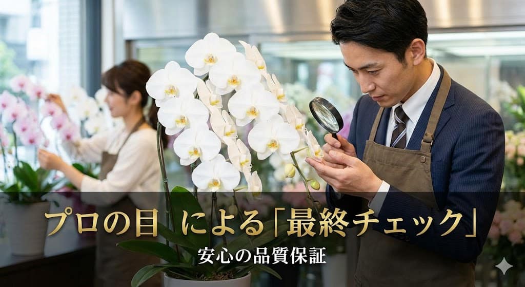 配送直前に胡蝶蘭の蕾や開花状況を丁寧に検品するプロの花屋の手元。 カタログなどのスペックデータだけでは分からない「生き物としての個体差」を見極め、ベストな状態で納品する「人の手による最終確認」の重要性を表現したイメージ。
