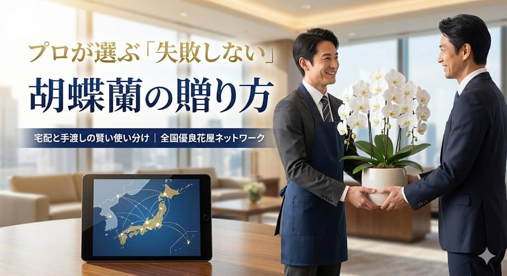 「プロが選ぶ『失敗しない』胡蝶蘭の贈り方」というタイトルのアイキャッチ画像。 高品質な白の胡蝶蘭をチェックする花屋の姿と、目的・予算に合わせて最適な配送方法（宅配・手渡し）を選ぶためのガイド記事であることを表現。
