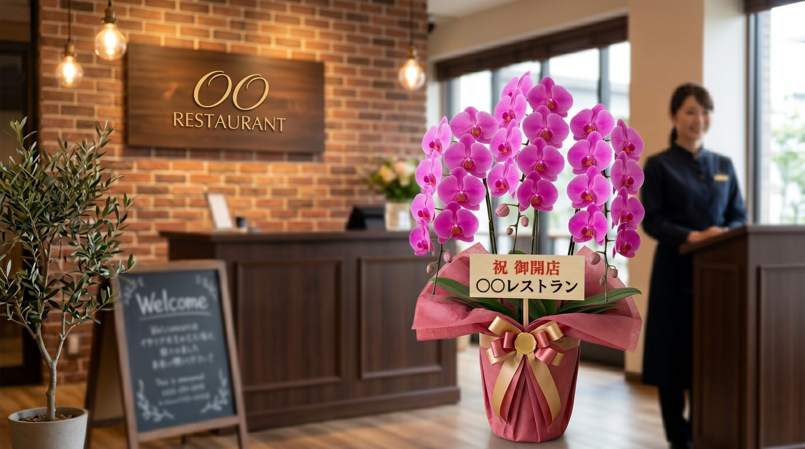 レストランの開店祝いに贈られたピンクの胡蝶蘭