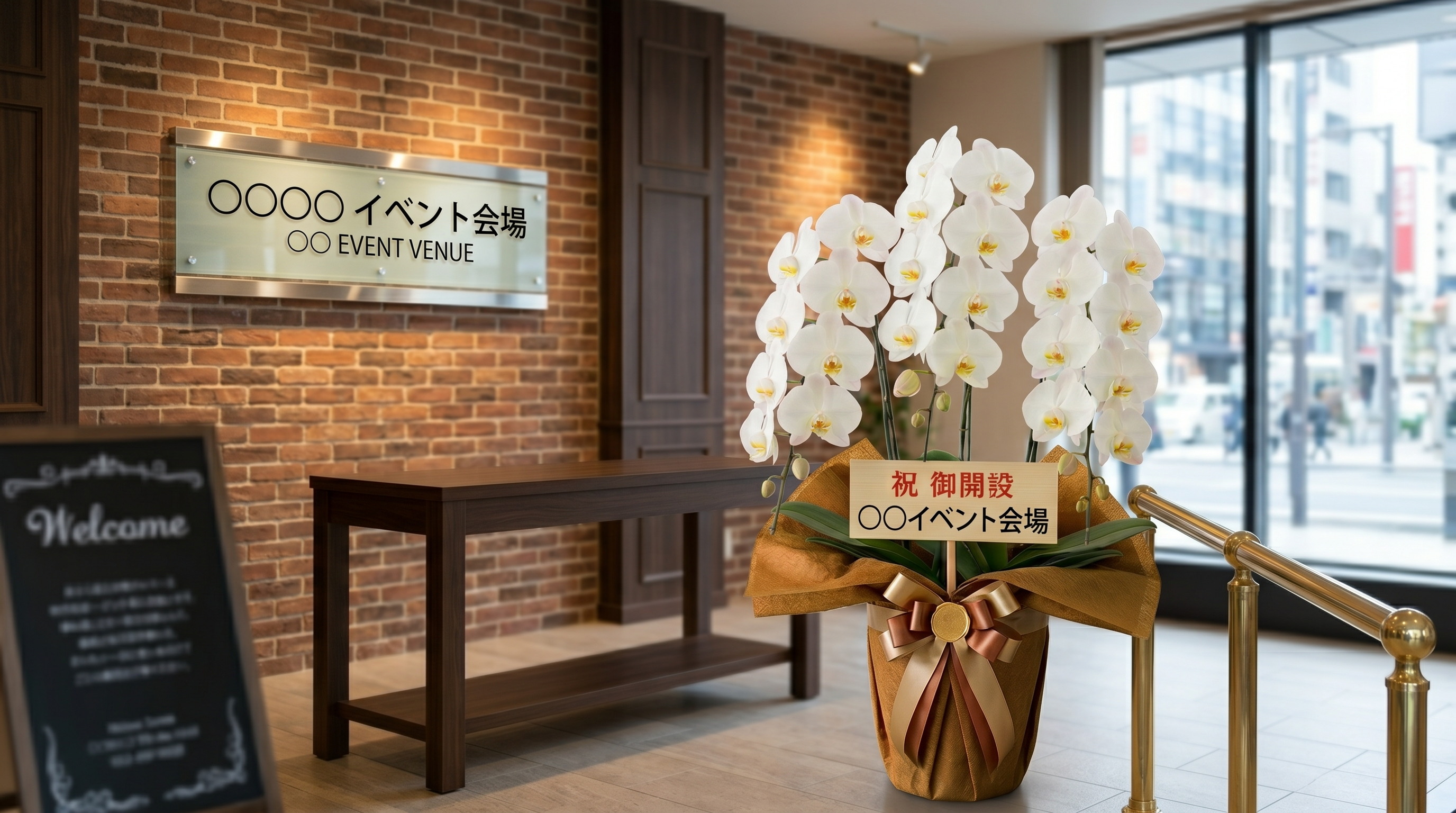 ホテルの開業祝いに贈られた白胡蝶蘭の大鉢