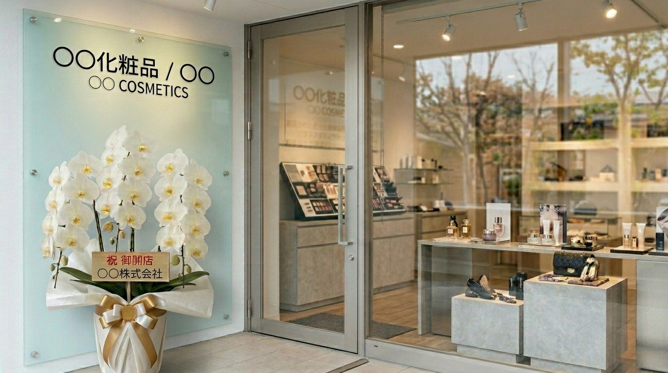 化粧品店の開店祝いに贈られた白胡蝶蘭