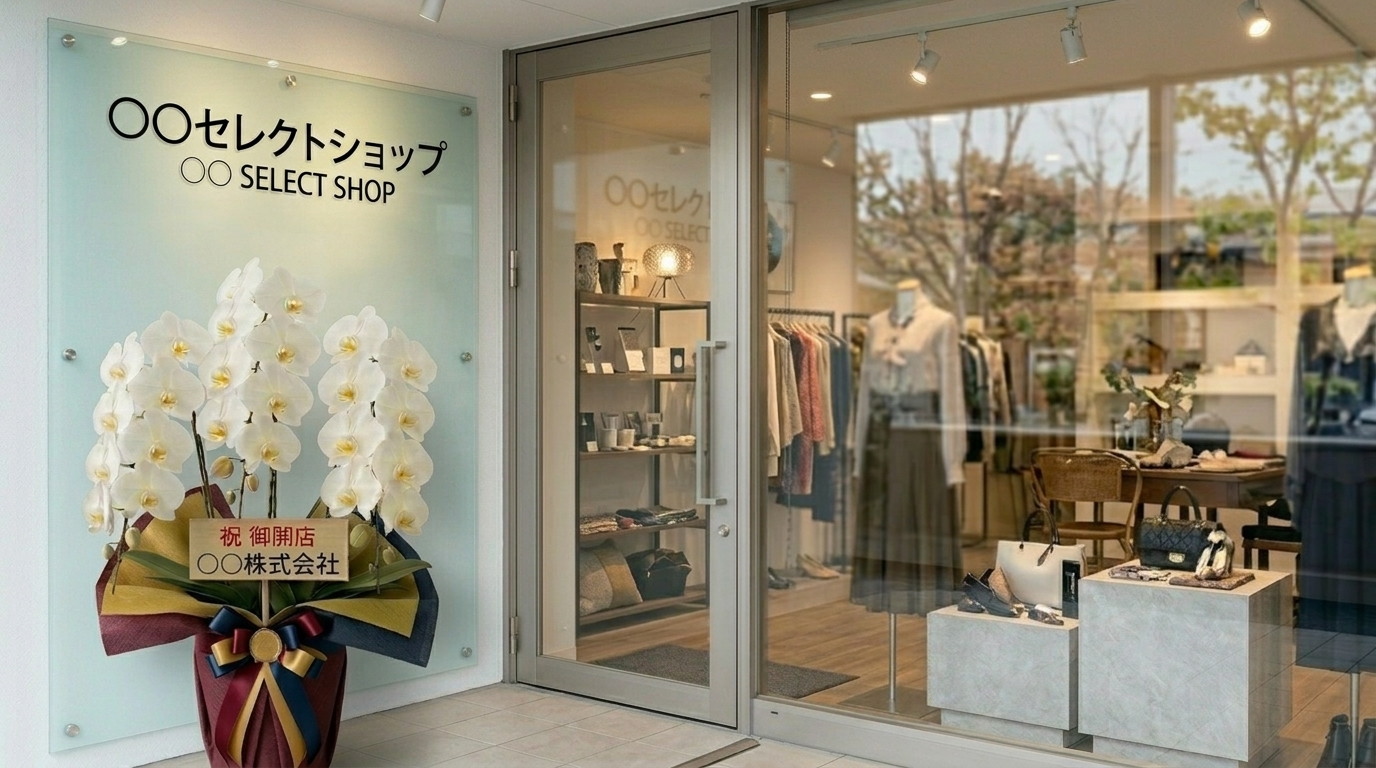 レディースブティックのニューオープンに贈られた白胡蝶蘭