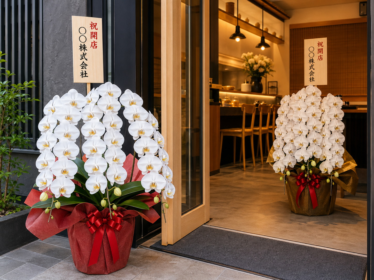 和食店の開店祝いに2鉢並んで贈られた白胡蝶蘭