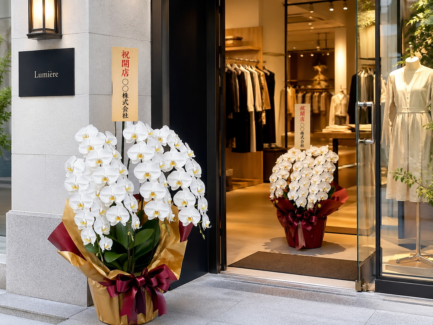 ブティックの開店祝いに贈られた白胡蝶蘭2鉢