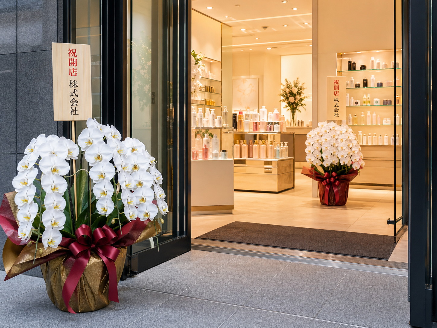 ハイブランドコスメショップの開店祝いに贈られた白胡蝶蘭