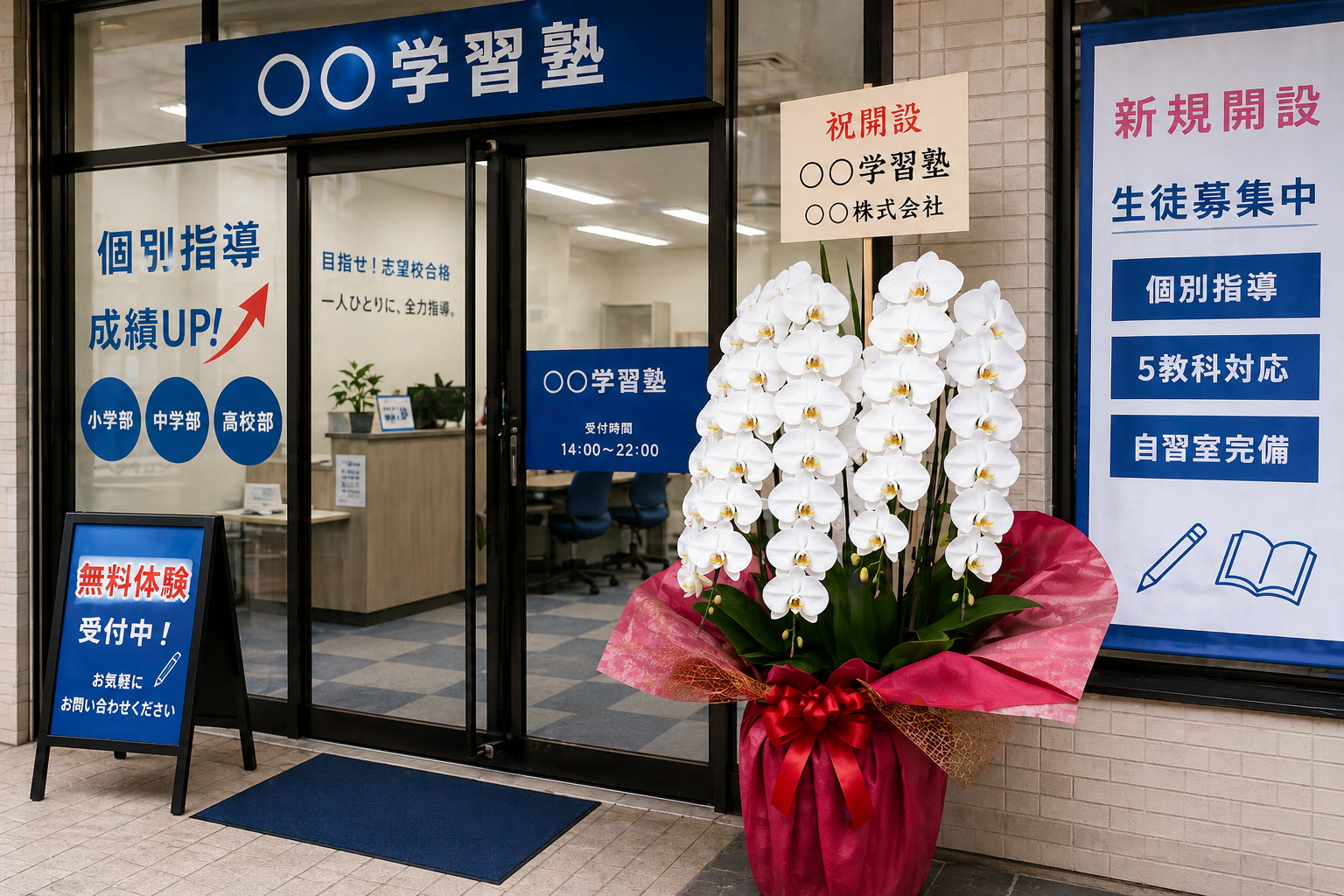 学習塾の新規開設に贈られた白胡蝶蘭