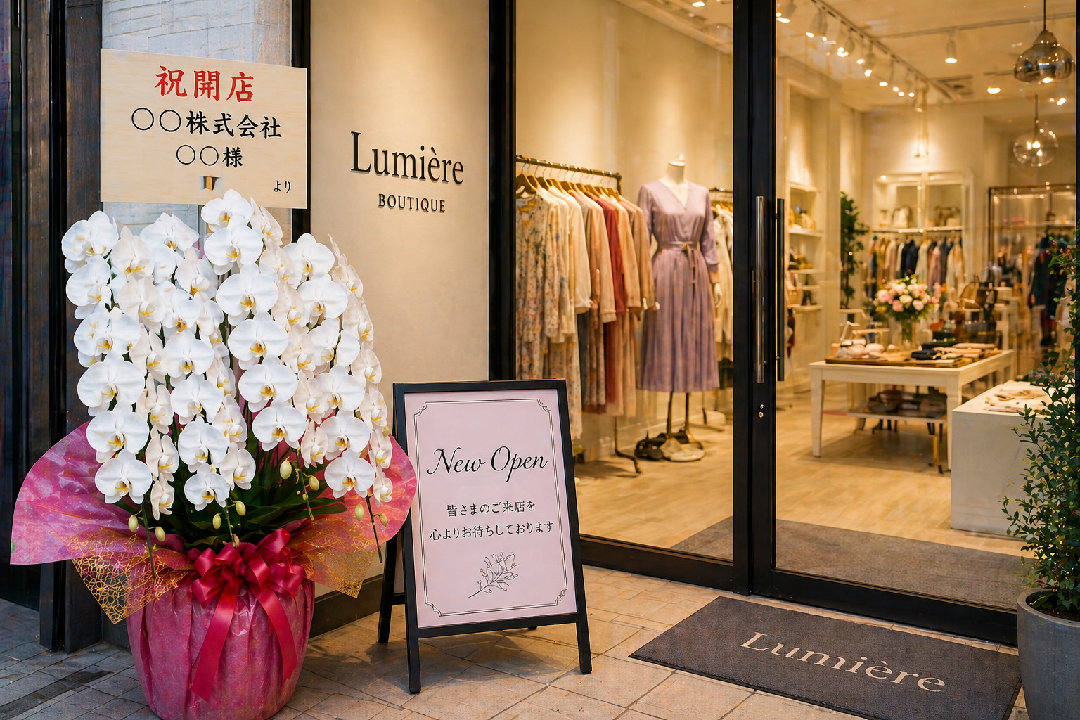 セレクトショップの開店祝いに贈られた白胡蝶蘭