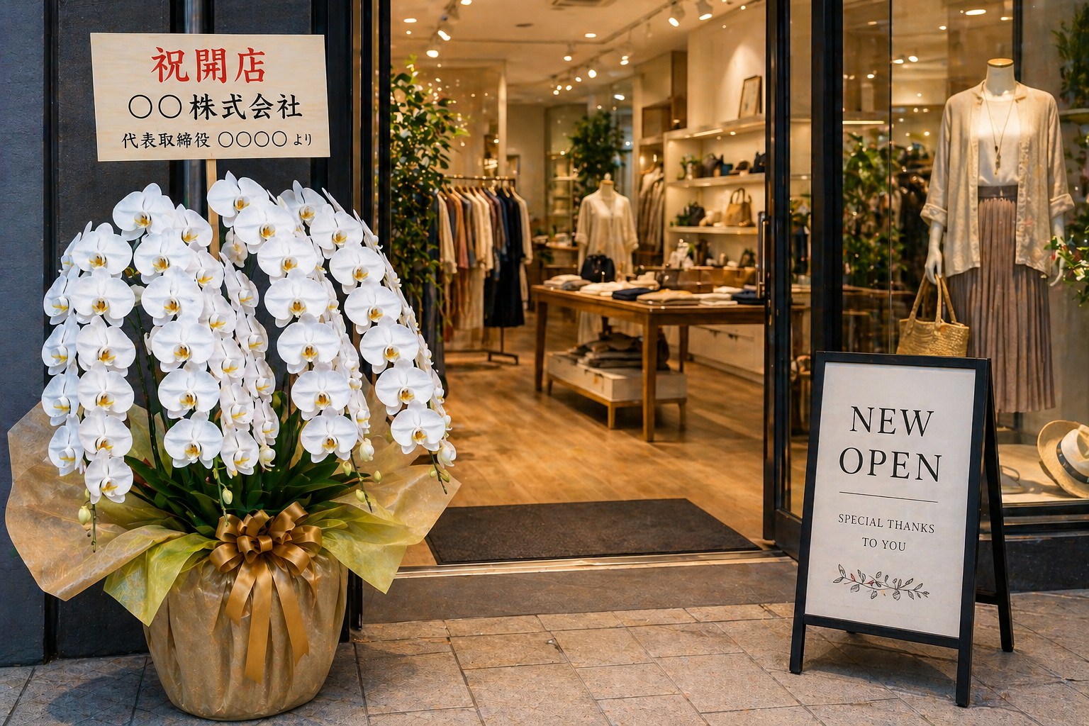 和風旅館の開店祝いに贈られた白胡蝶蘭の大鉢