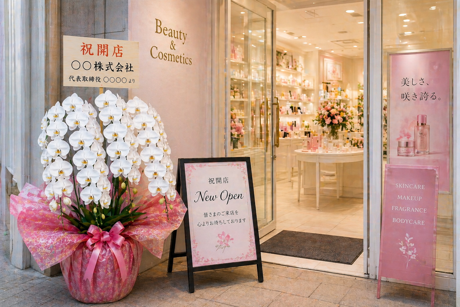 化粧品店のニューオープンに贈られた白胡蝶蘭の大鉢