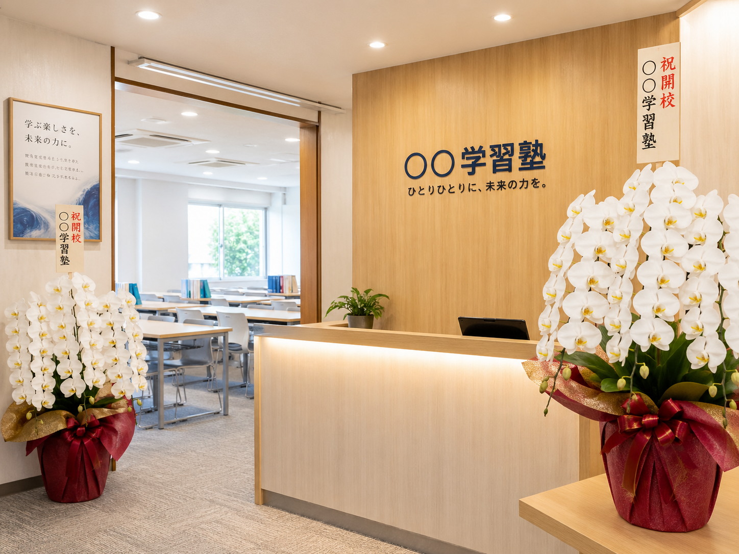 学習塾の開校祝いに左右に並んで贈られた白胡蝶蘭