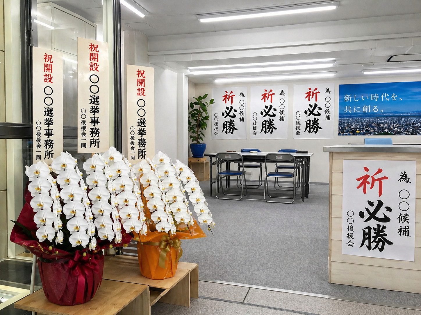 選挙事務所内部の必勝祈願シーンに飾られた白胡蝶蘭