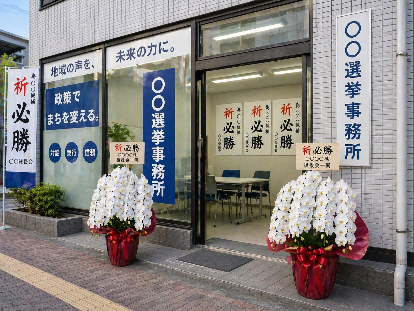選挙事務所の開設祝いに贈られた白胡蝶蘭の大鉢