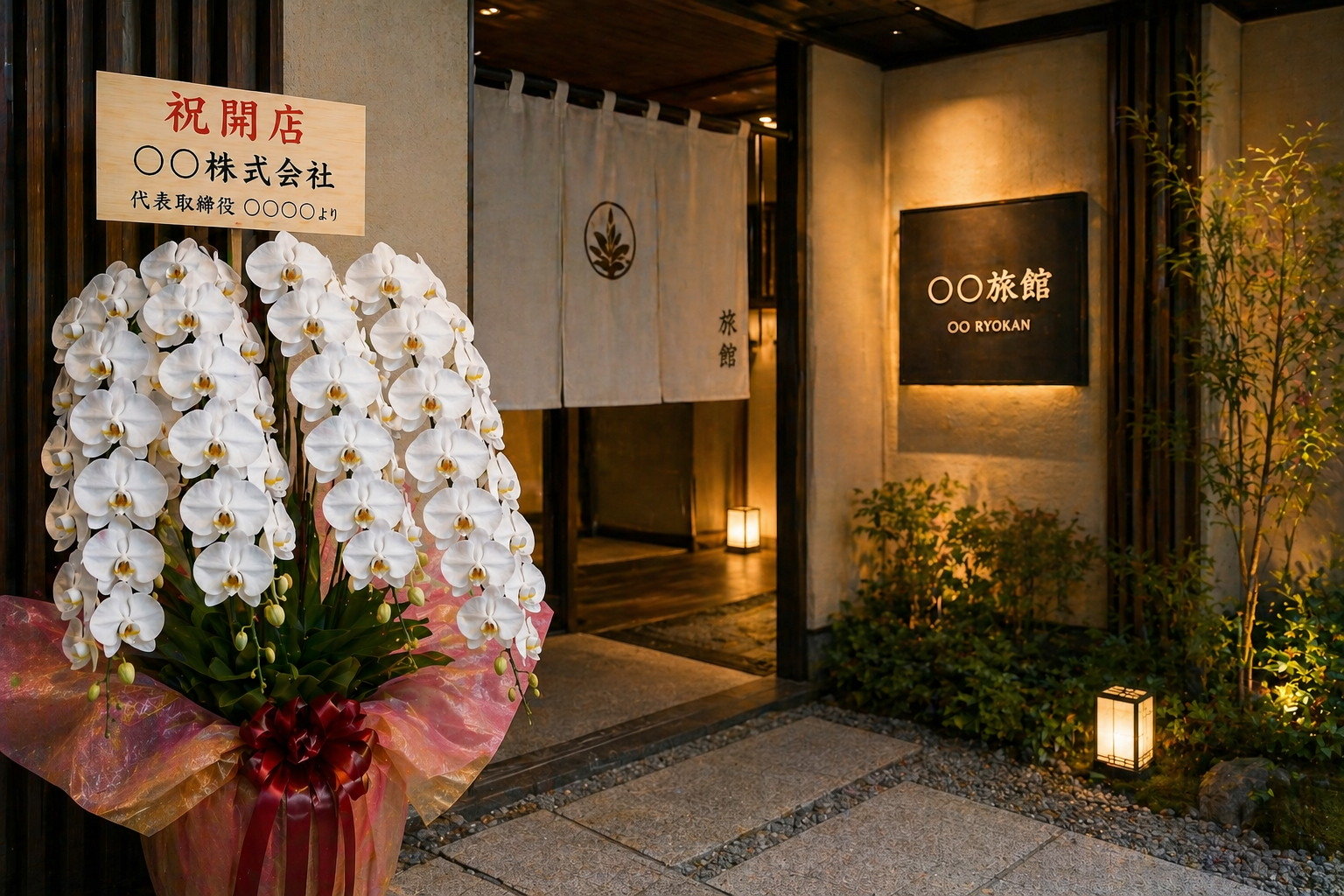 和風旅館の開店祝いに贈られた白胡蝶蘭の大鉢