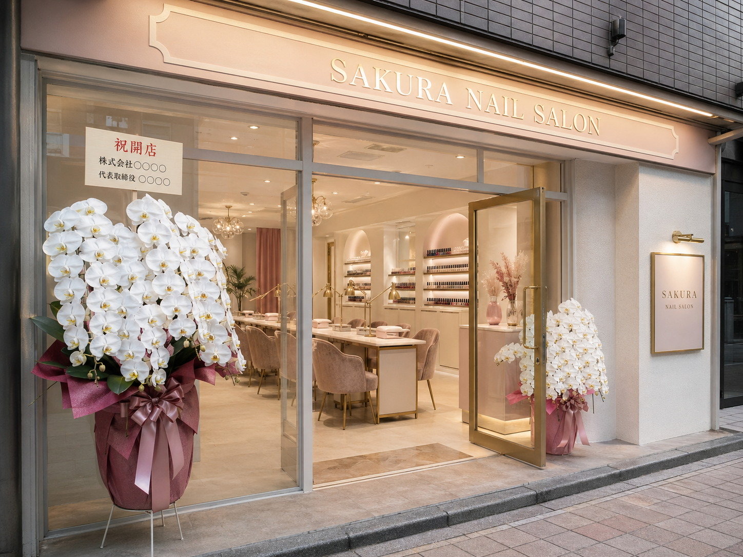 ネイルサロンの開店祝いに贈られた白胡蝶蘭