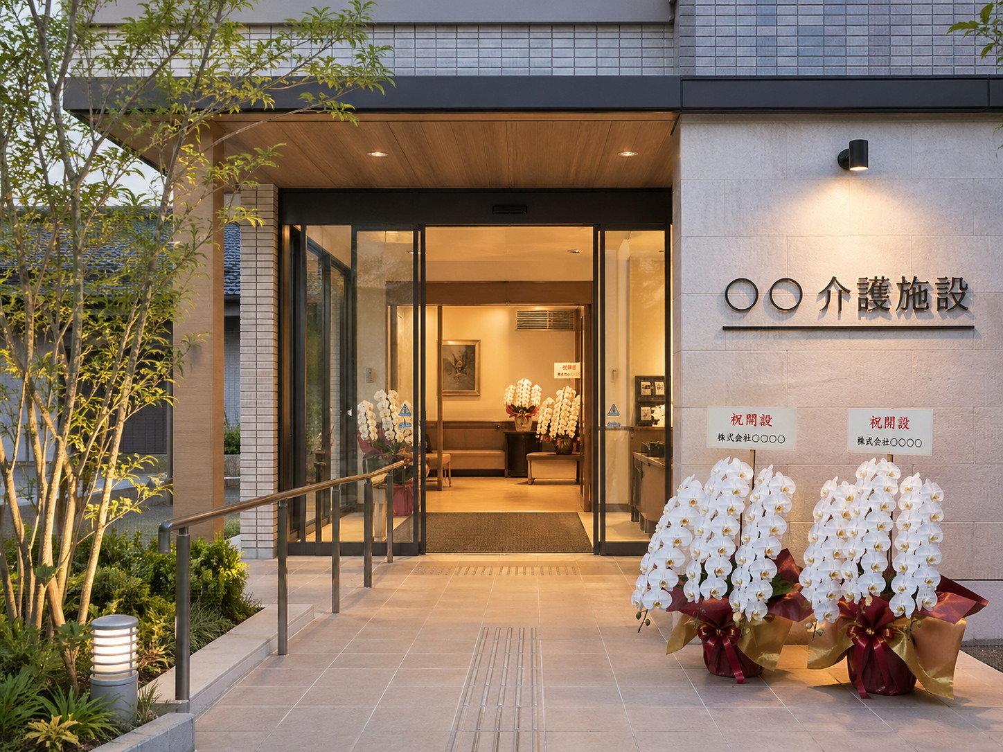 介護施設の開設祝いに複数贈られた白胡蝶蘭の大鉢