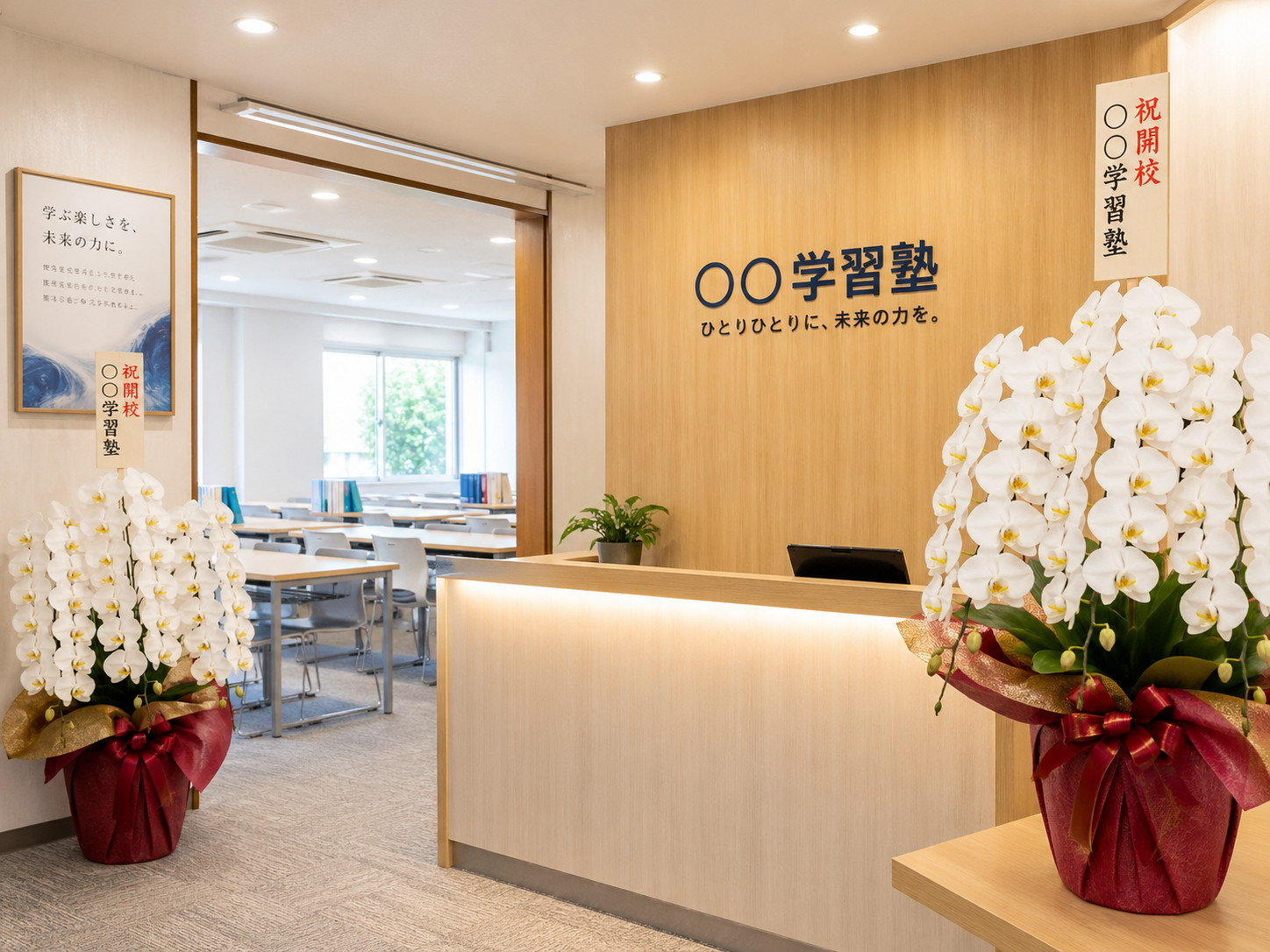 学習塾の開校祝いに左右に並んで贈られた白胡蝶蘭