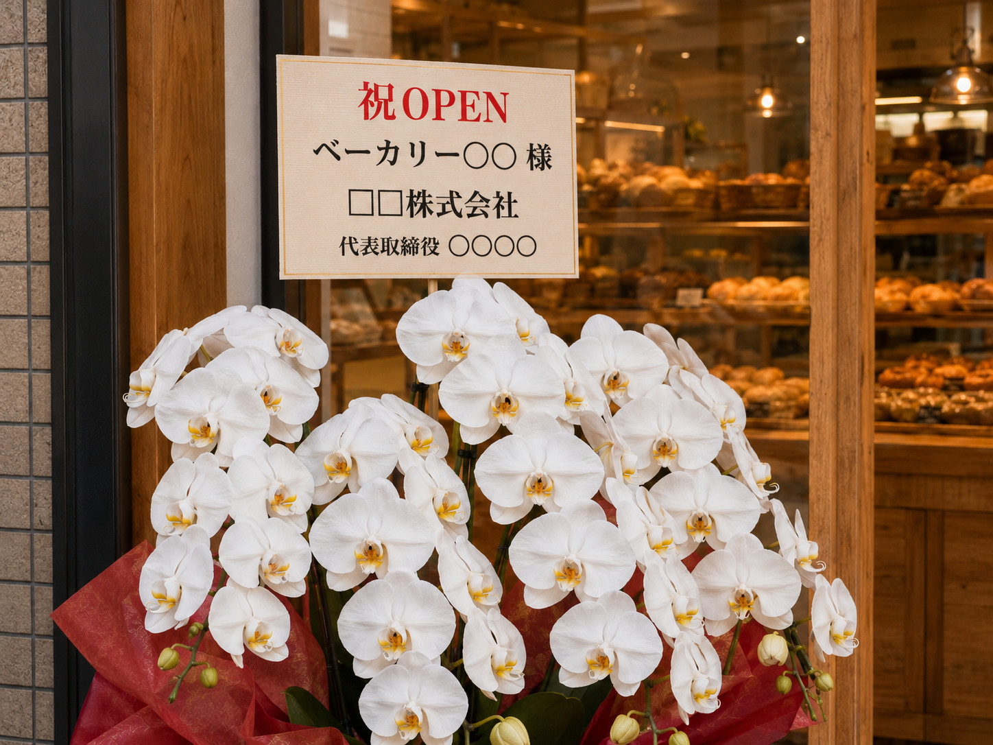 ベーカリー開店祝いの祝OPEN立札と白胡蝶蘭のアップ