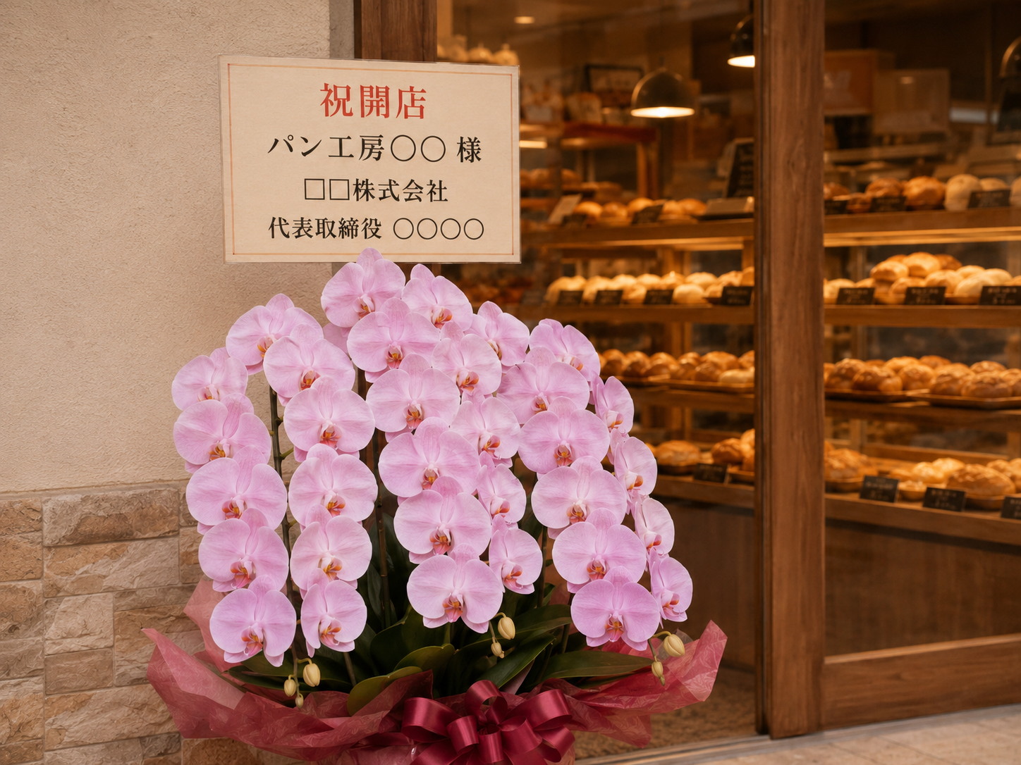 パン屋の開店祝いの立札とピンク胡蝶蘭のアップ