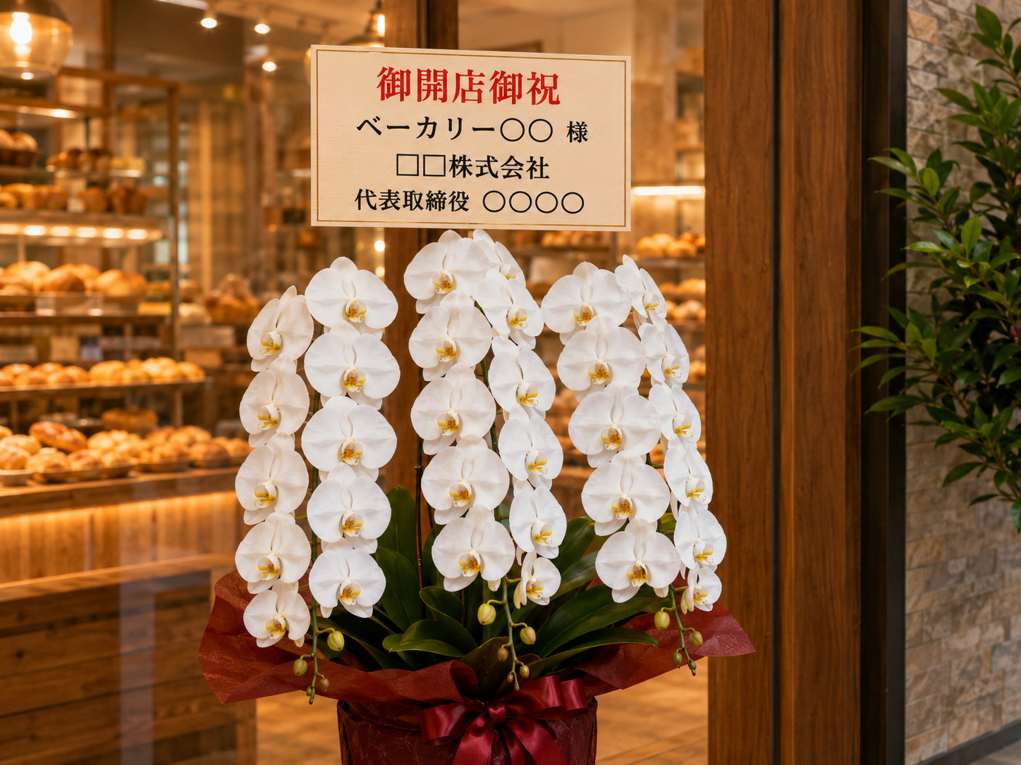 ベーカリー開店祝いの御開店御祝立札と白胡蝶蘭のアップ