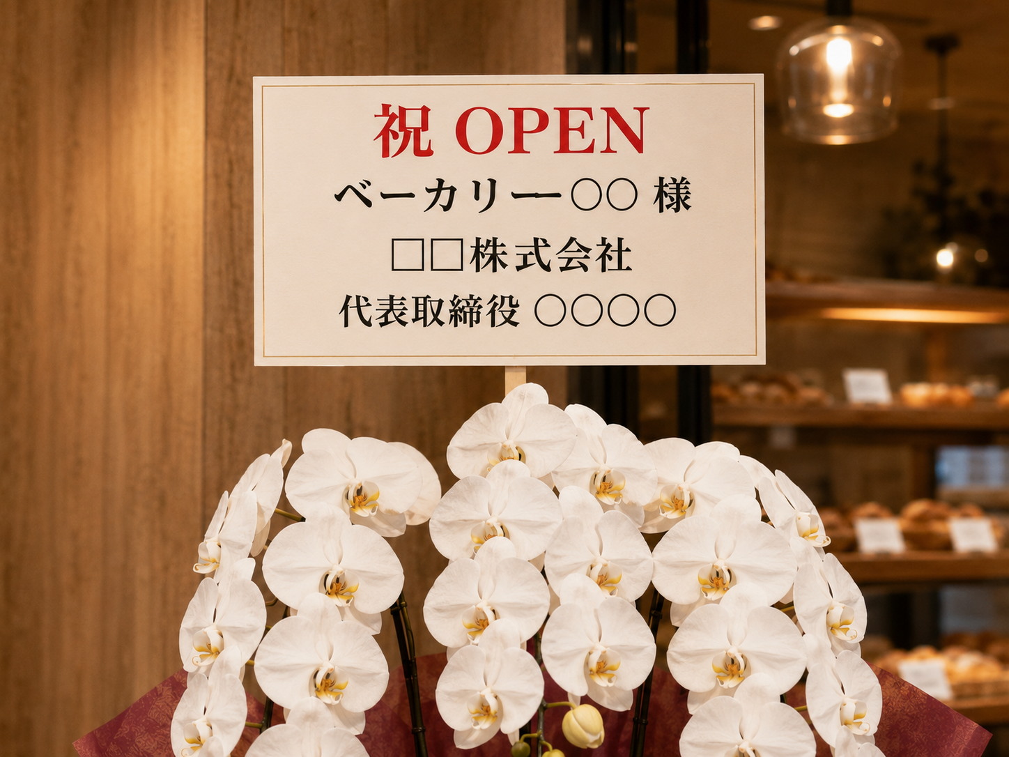 ベーカリー開店祝いの祝OPEN立札と白胡蝶蘭のアップ