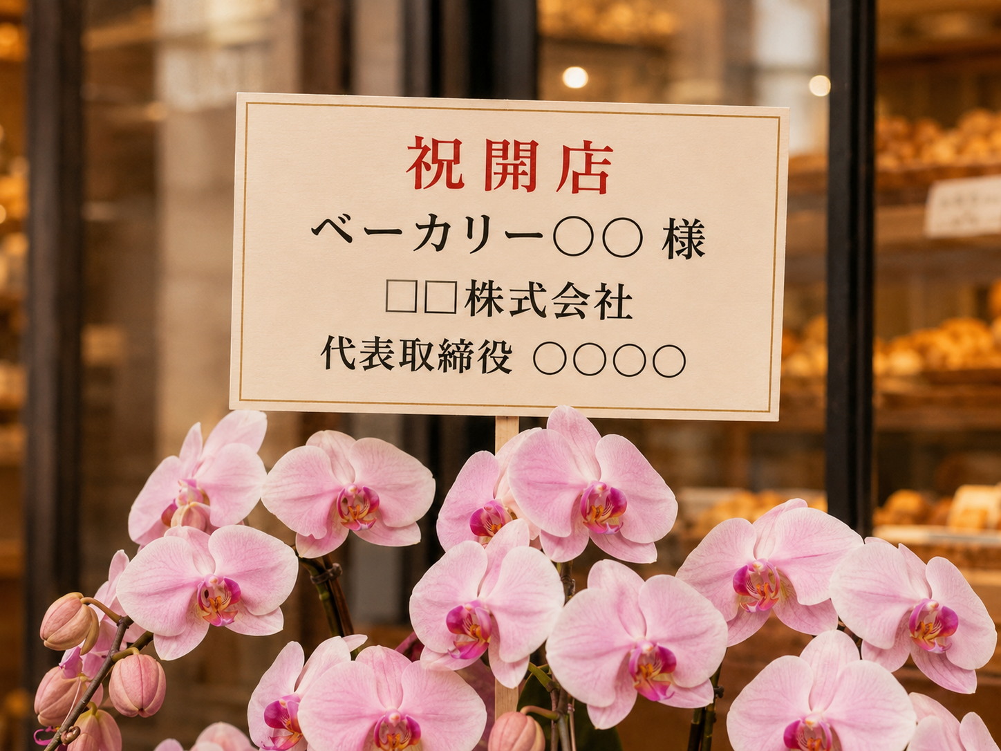 パン工房宛ての祝開店立札とピンク胡蝶蘭のアップ