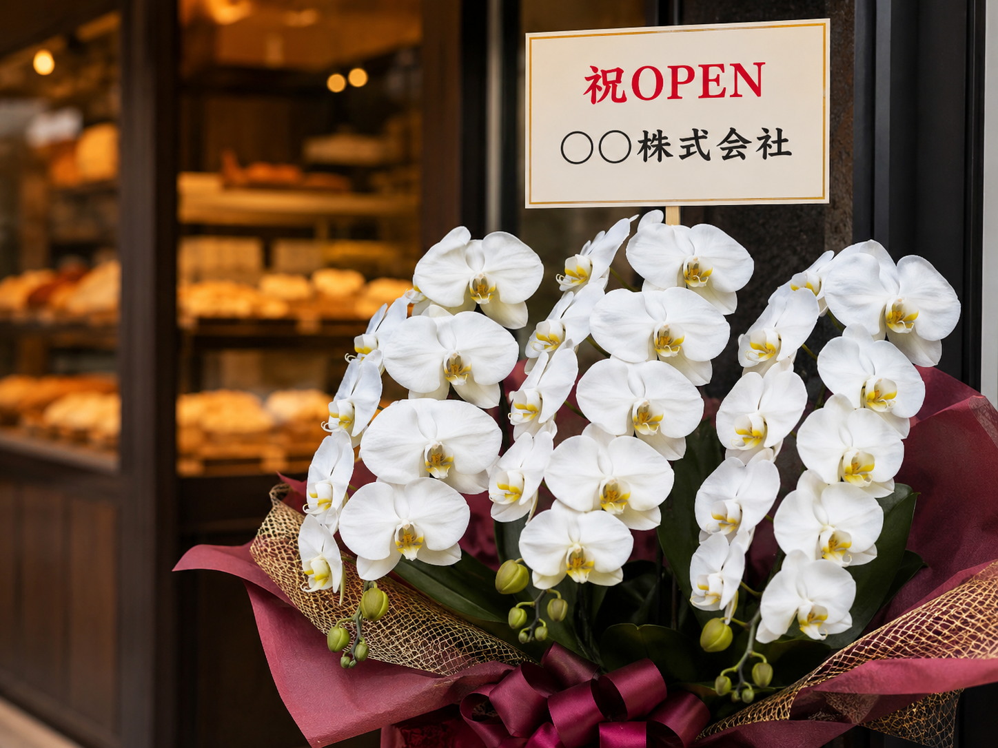 ベーカリー開店祝いの祝OPEN立札と白胡蝶蘭のアップ