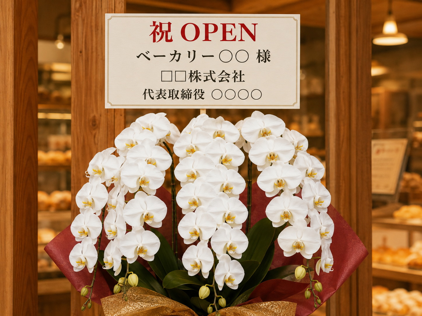 パン屋の開店祝いの祝OPENの立札と白胡蝶蘭のアップ