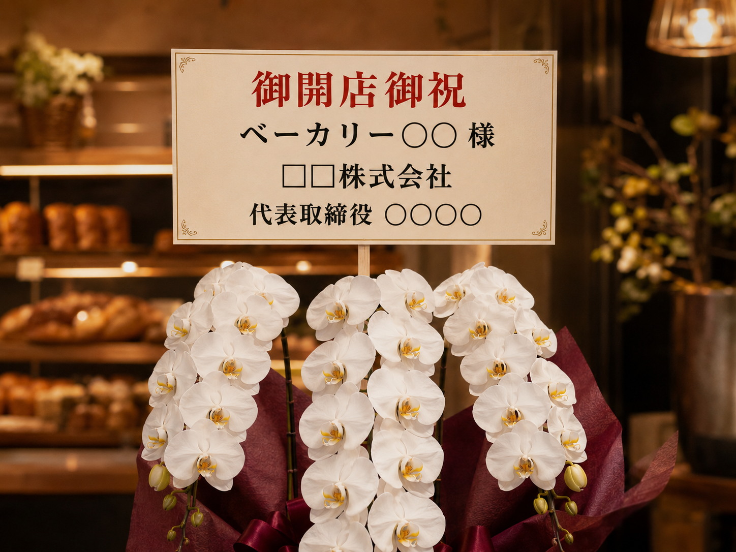 ベーカリー開店祝いの御開店御祝の立札と白胡蝶蘭のアップ