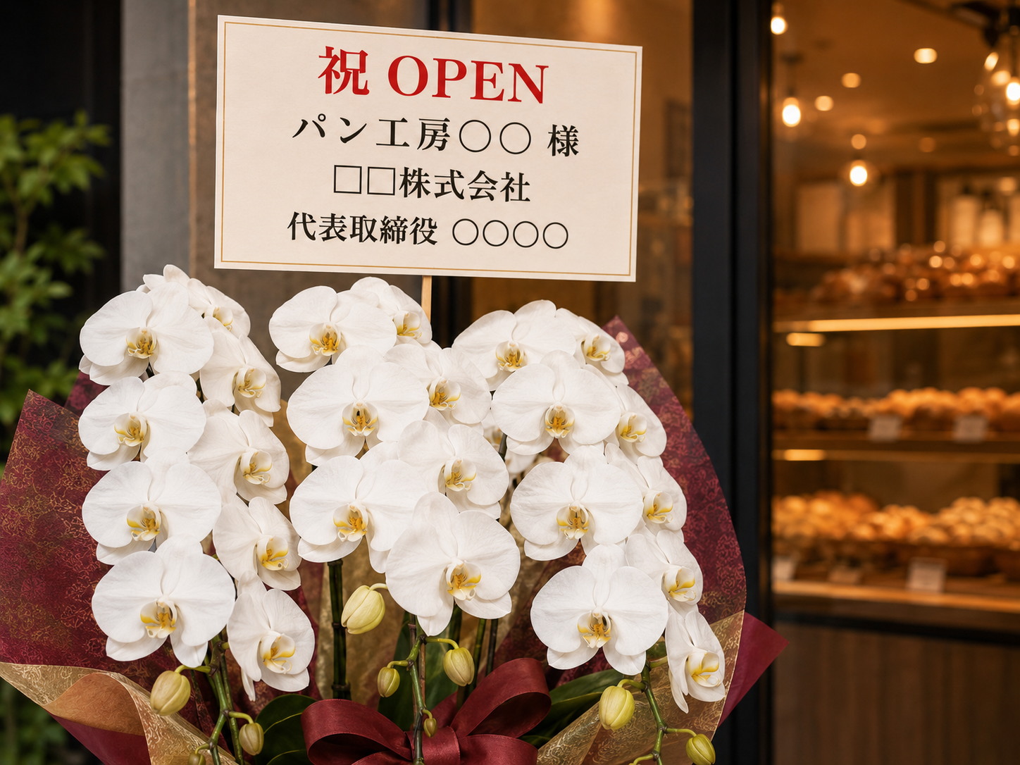 パン工房宛ての祝OPEN立札と白胡蝶蘭のアップ