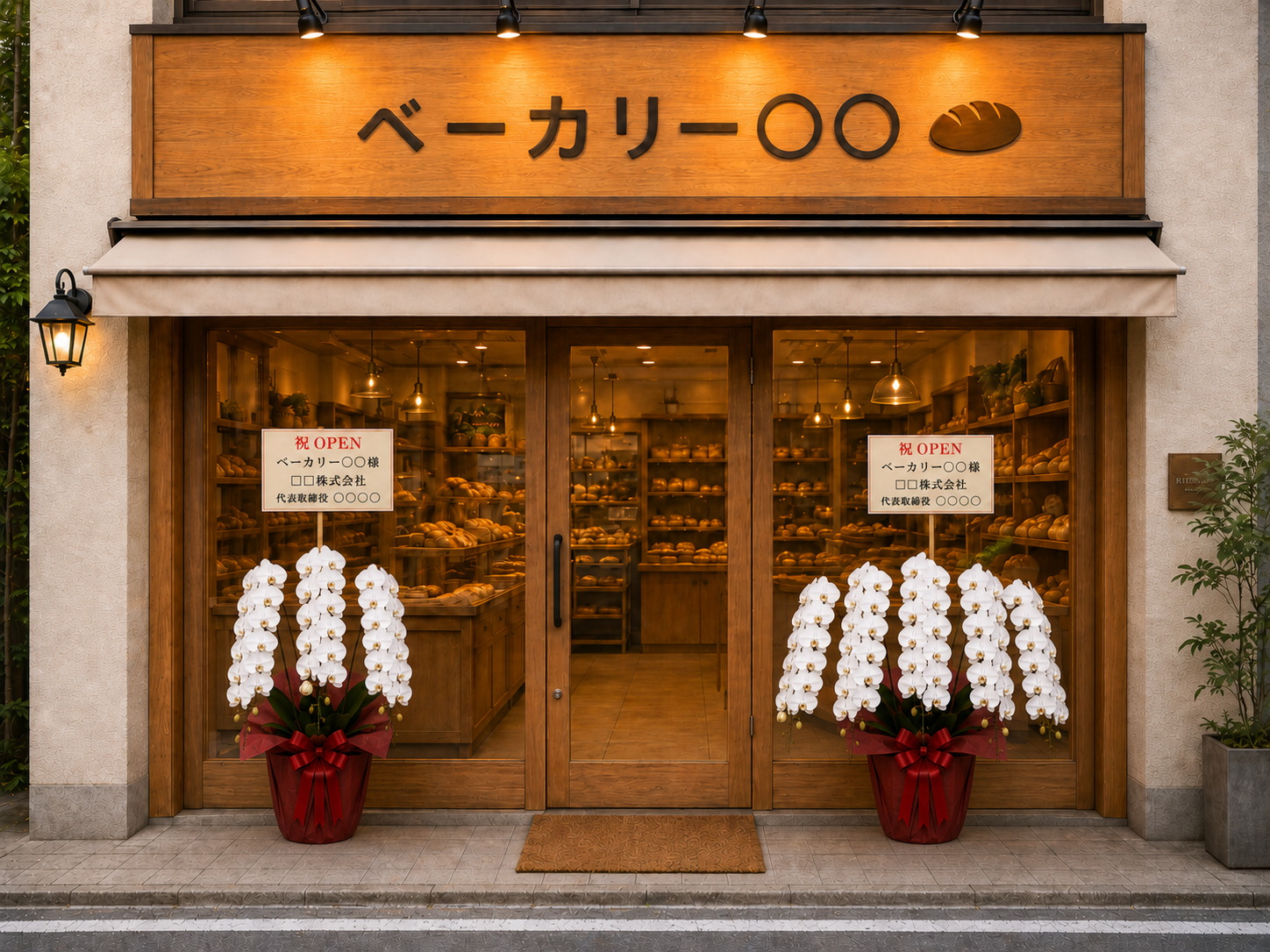パン屋の店頭に3本立ちと5本立ちの白胡蝶蘭が並ぶ様子