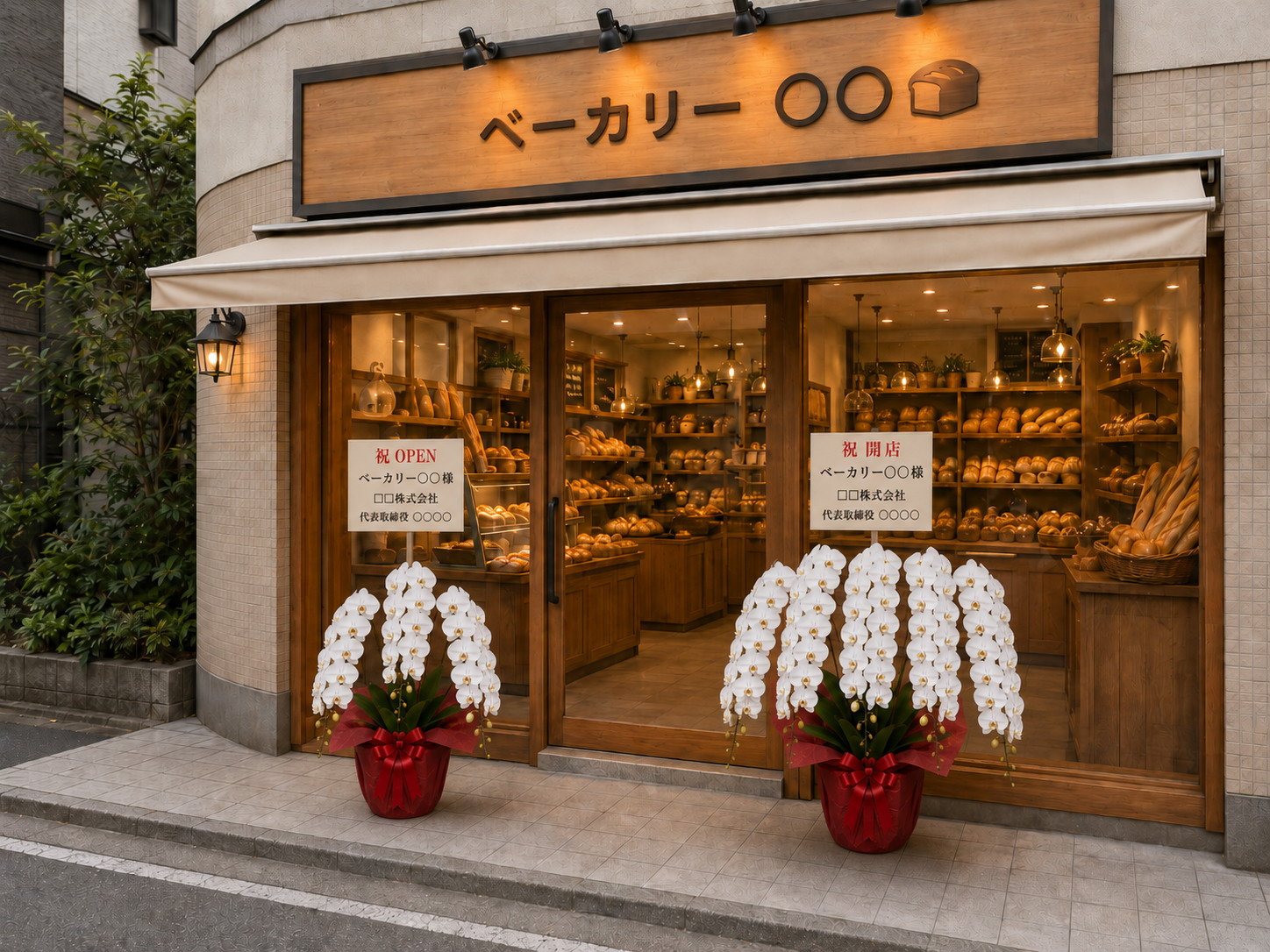 ベーカリー店頭に3本立ちと5本立ちの白胡蝶蘭が並ぶ様子