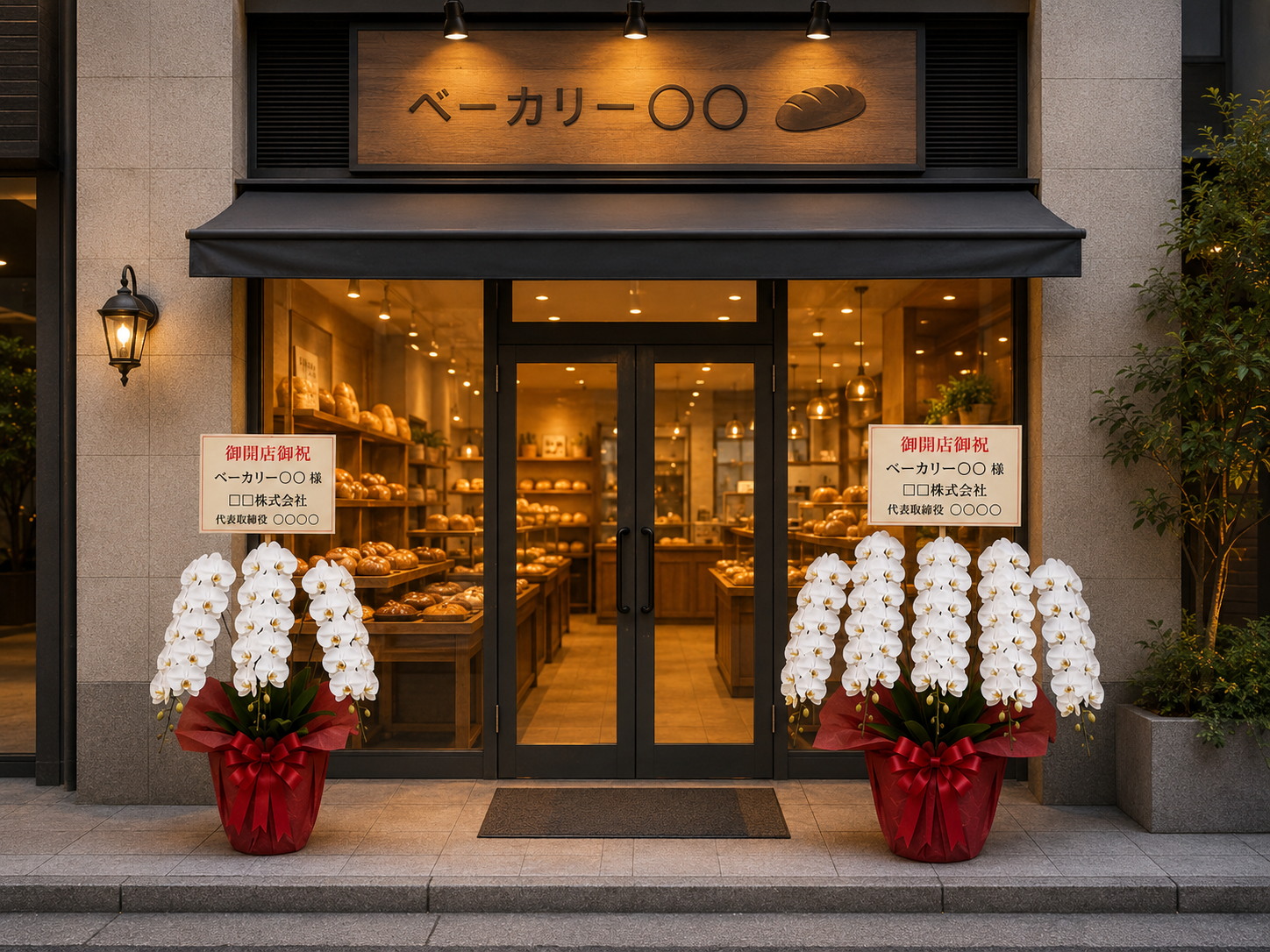 夜のベーカリー店頭に3本立ちと5本立ちの白胡蝶蘭が並ぶ様子