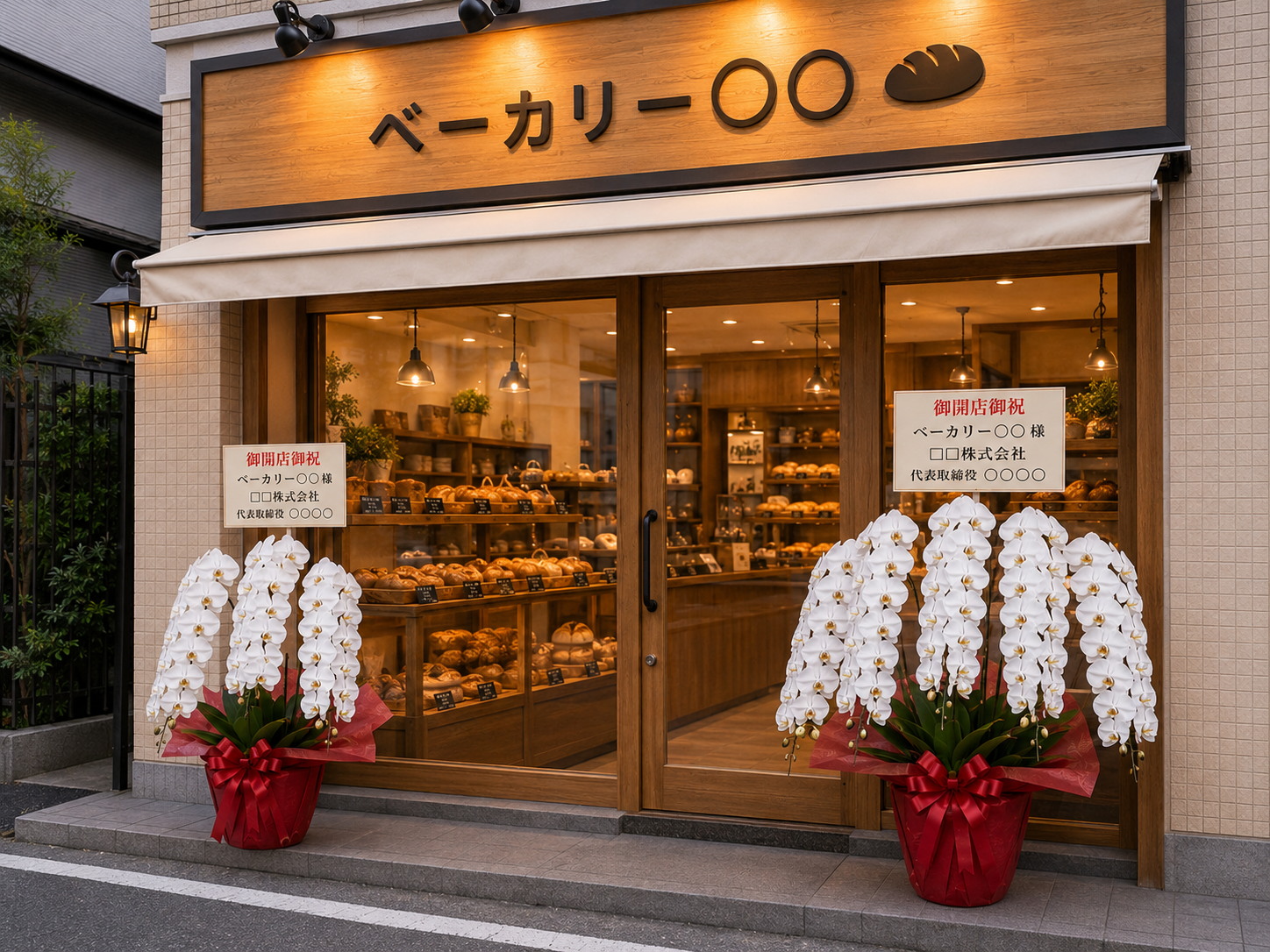 パン屋の店頭に3本立ちと5本立ちの白胡蝶蘭が並ぶ様子