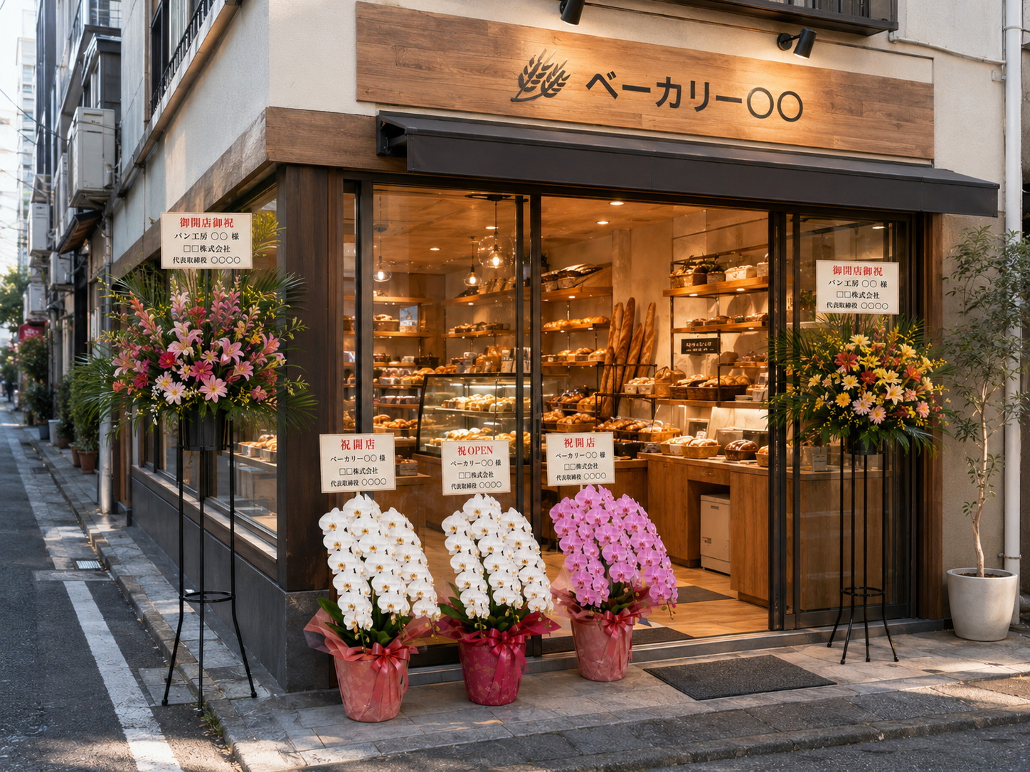 ベーカリー外観に胡蝶蘭とスタンド花が並ぶ開店祝いの様子