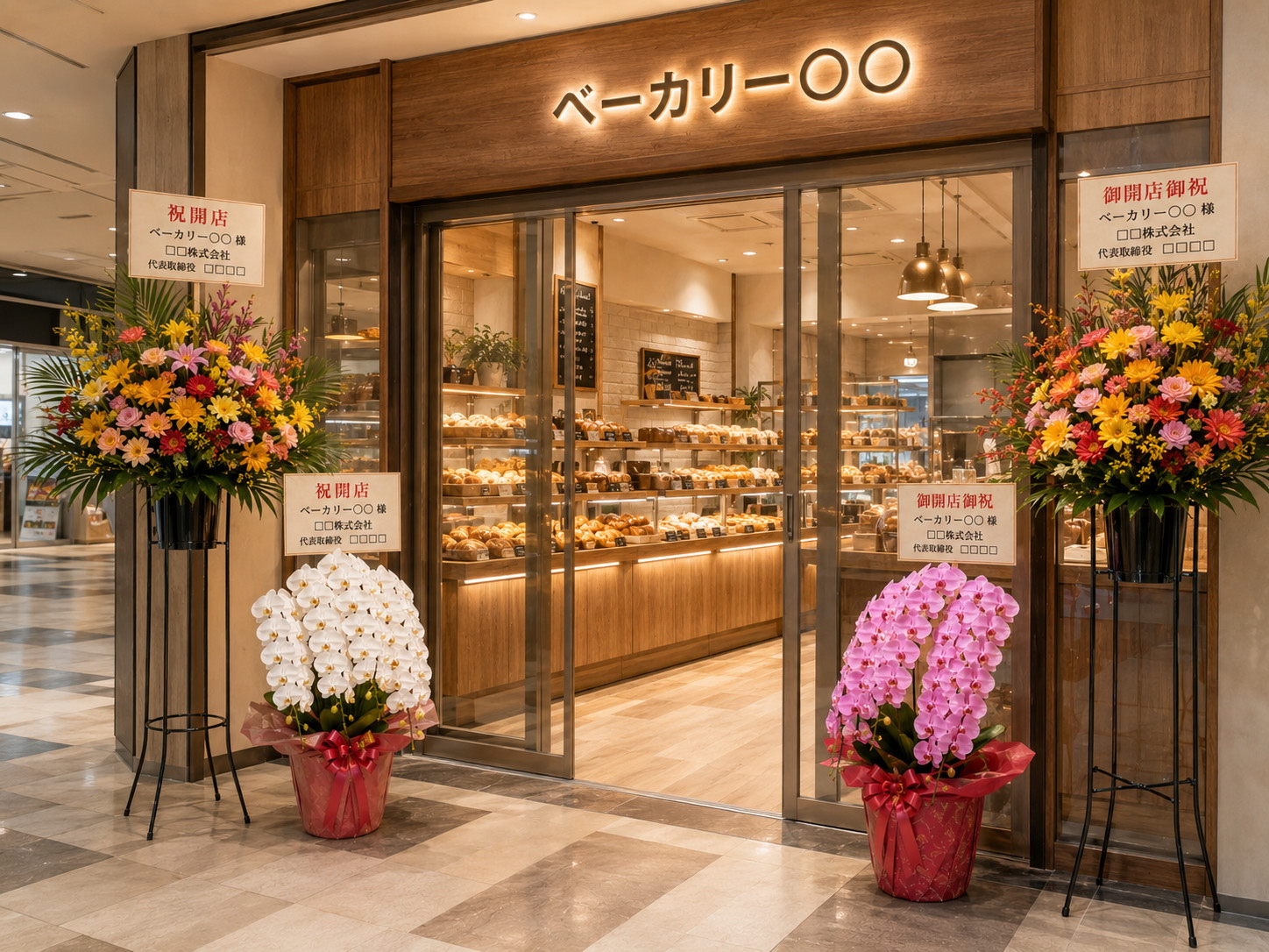 ベーカリー店内の入口近くに胡蝶蘭とスタンド花が飾られている様子