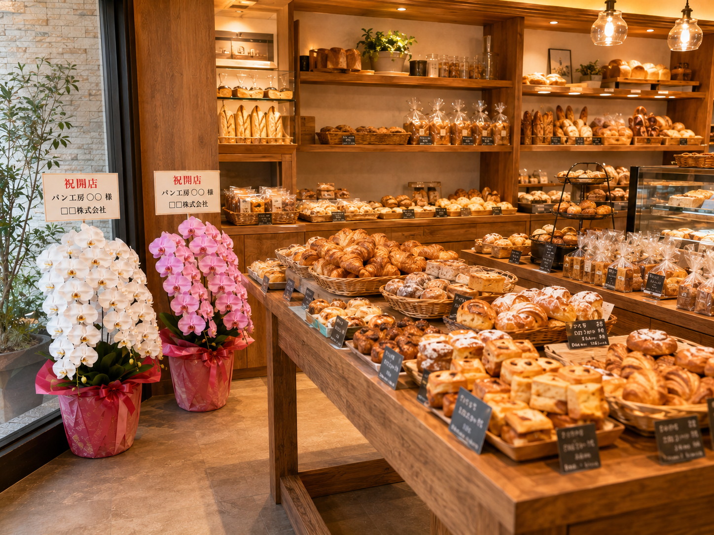 ベーカリー店内のパン売り場近くに白とピンクの胡蝶蘭が並ぶ様子
