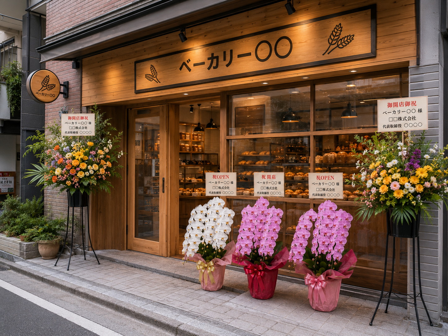 パン屋の店頭に胡蝶蘭とスタンド花が並ぶ開店祝いの様子