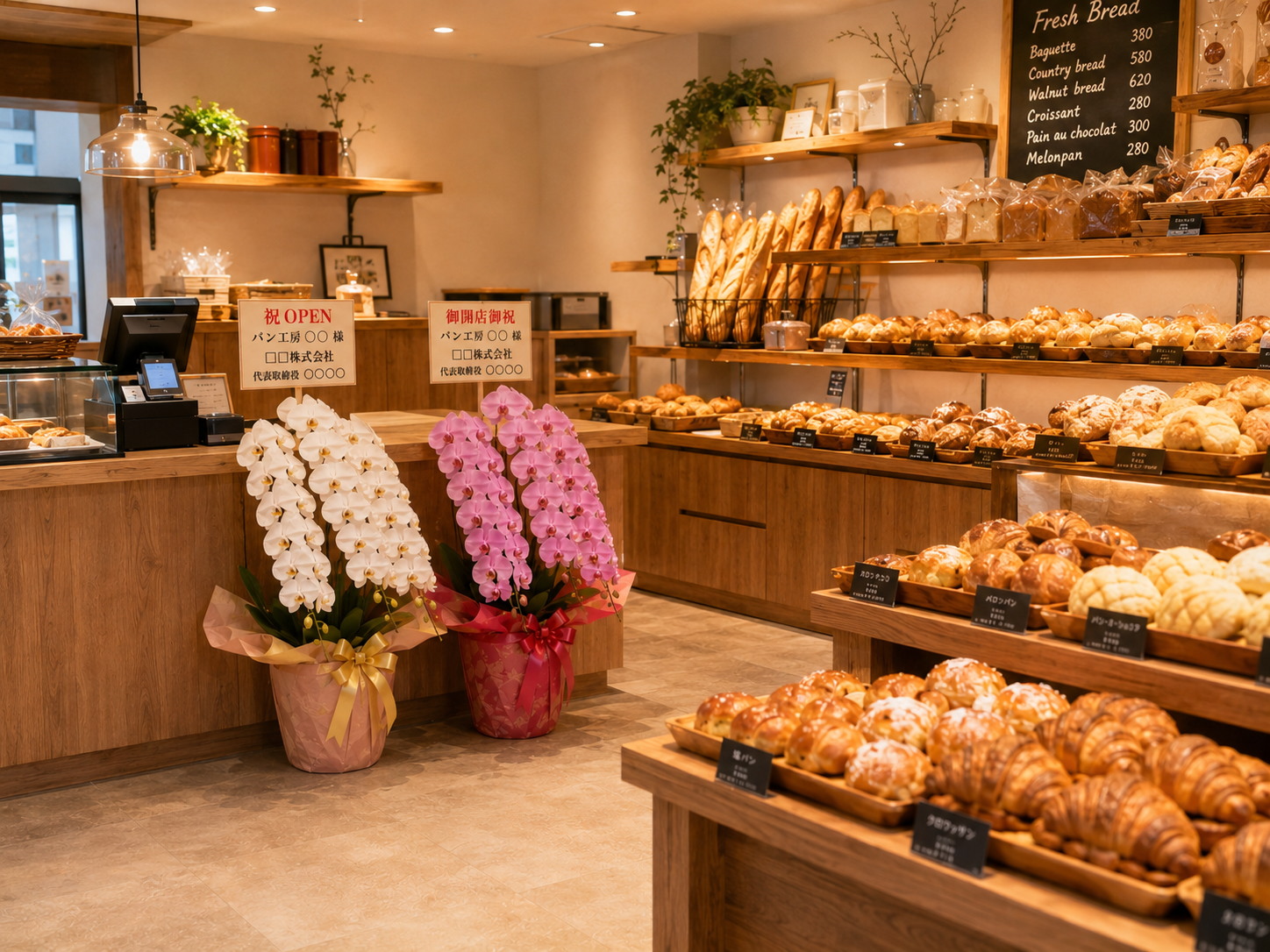 ベーカリー店内のパン売り場に白とピンクの胡蝶蘭が飾られている様子