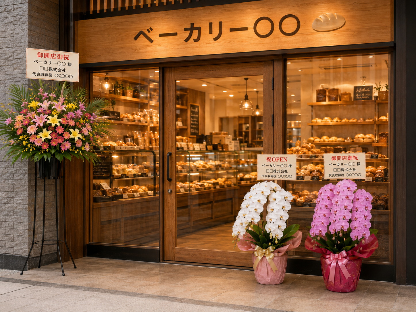 うるま市のパン屋開店祝い胡蝶蘭｜祝OPENの立札と表書きマナー
