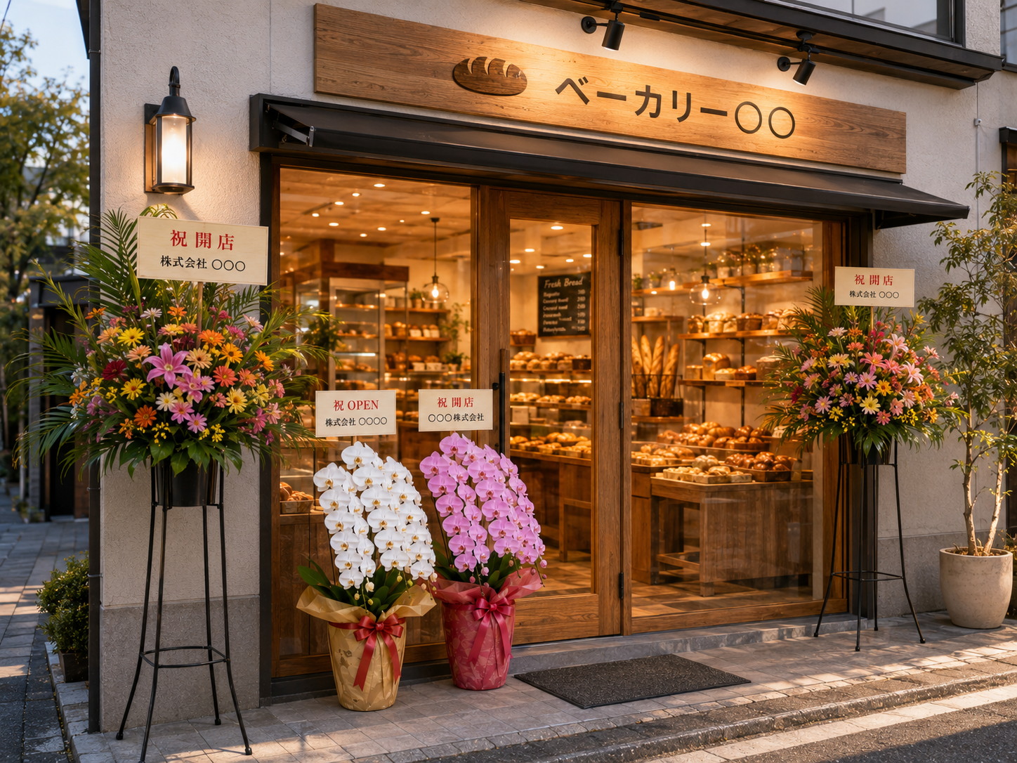 パン屋店頭にスタンド花と複数の胡蝶蘭が並ぶ開店祝いの様子