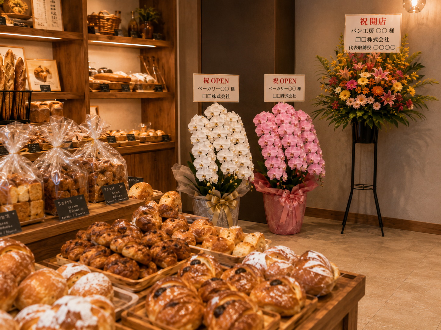 ベーカリー店内のパン売り場に白とピンクの胡蝶蘭が飾られている様子