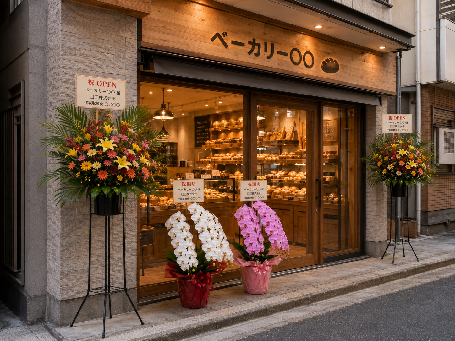 パン屋の店頭にスタンド花と胡蝶蘭が並ぶ開店祝いの様子
