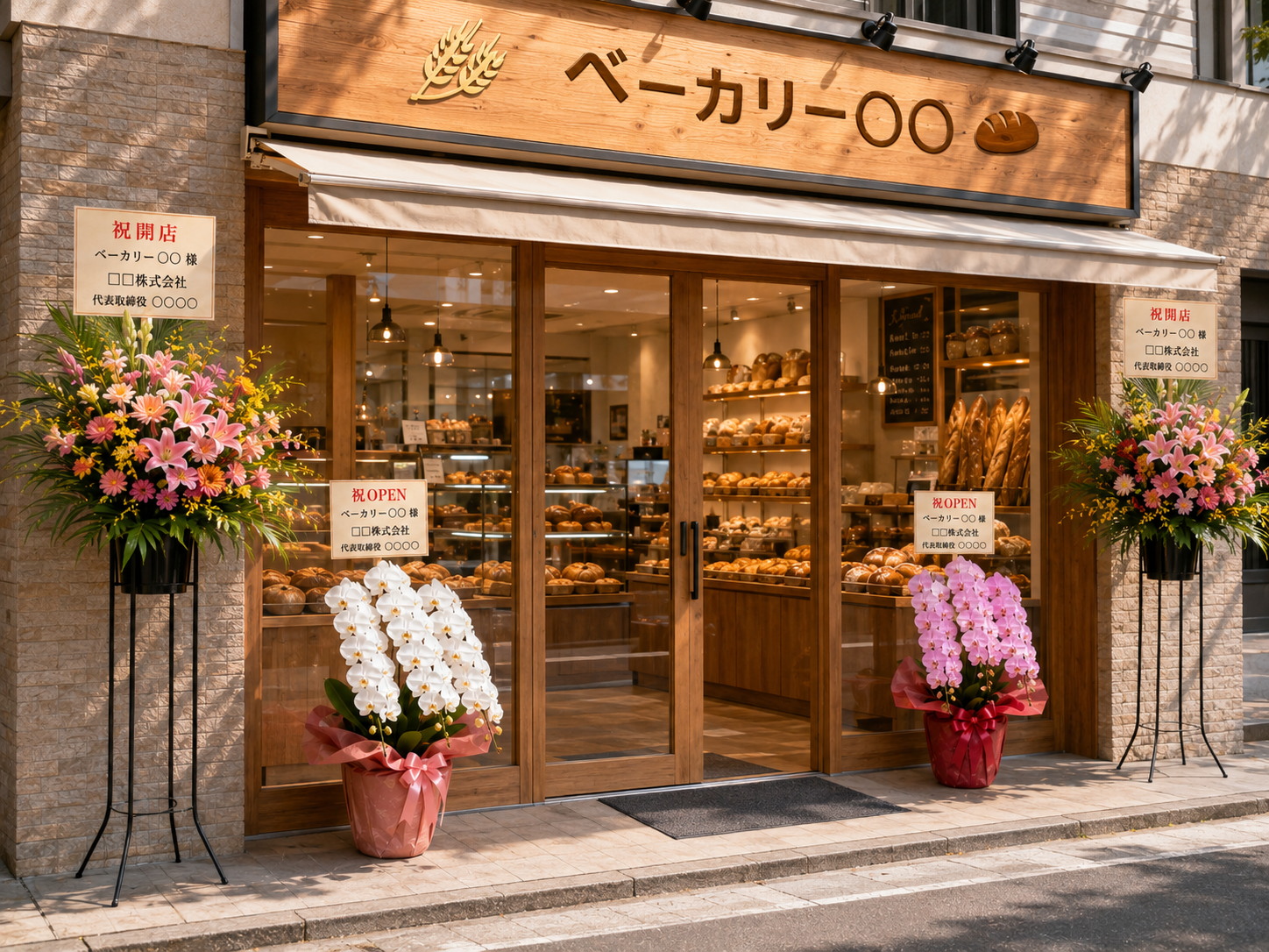 ベーカリー店頭にスタンド花と白・ピンクの胡蝶蘭が並ぶ様子