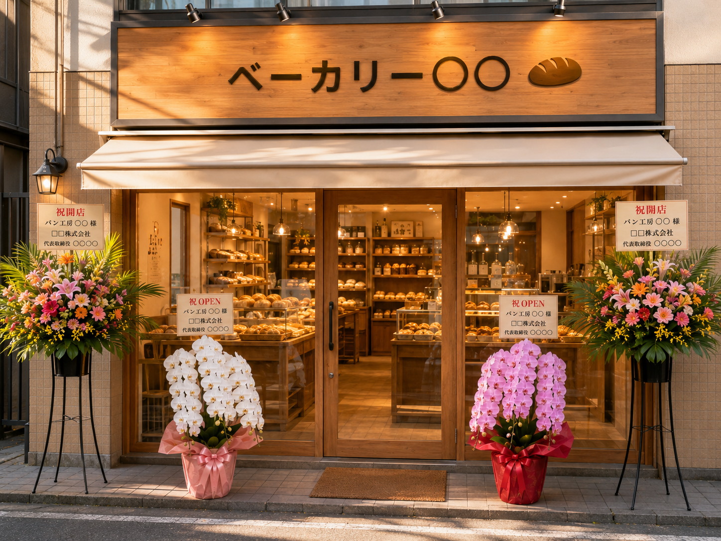 ベーカリー店頭にスタンド花と白・ピンクの胡蝶蘭が飾られている様子