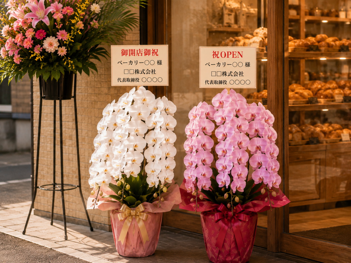 パン屋の入口横にスタンド花と白・ピンクの胡蝶蘭が並ぶ様子
