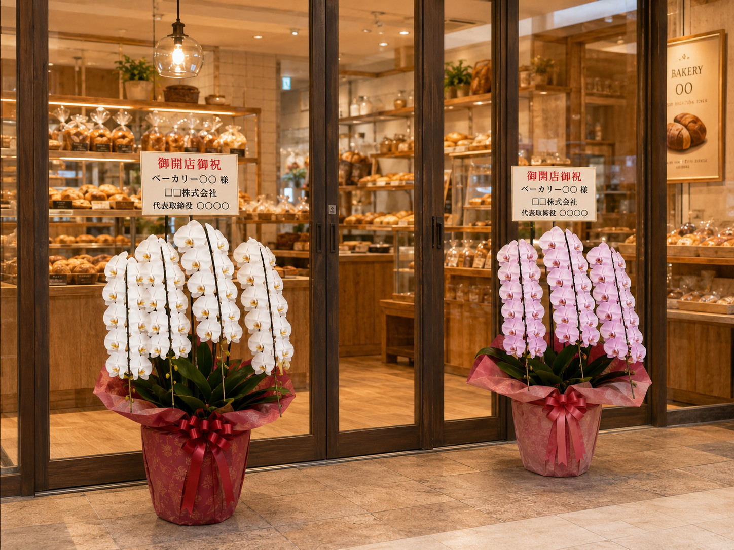 ベーカリー店頭に白とピンクの胡蝶蘭が並ぶ開店祝いの様子