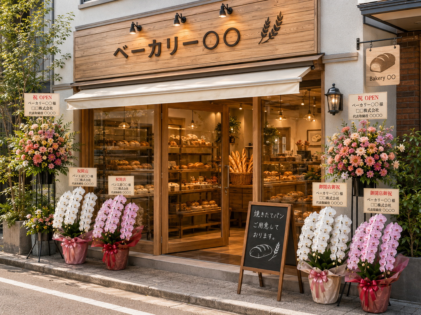 パン屋の店頭にスタンド花と複数の胡蝶蘭が並ぶ様子
