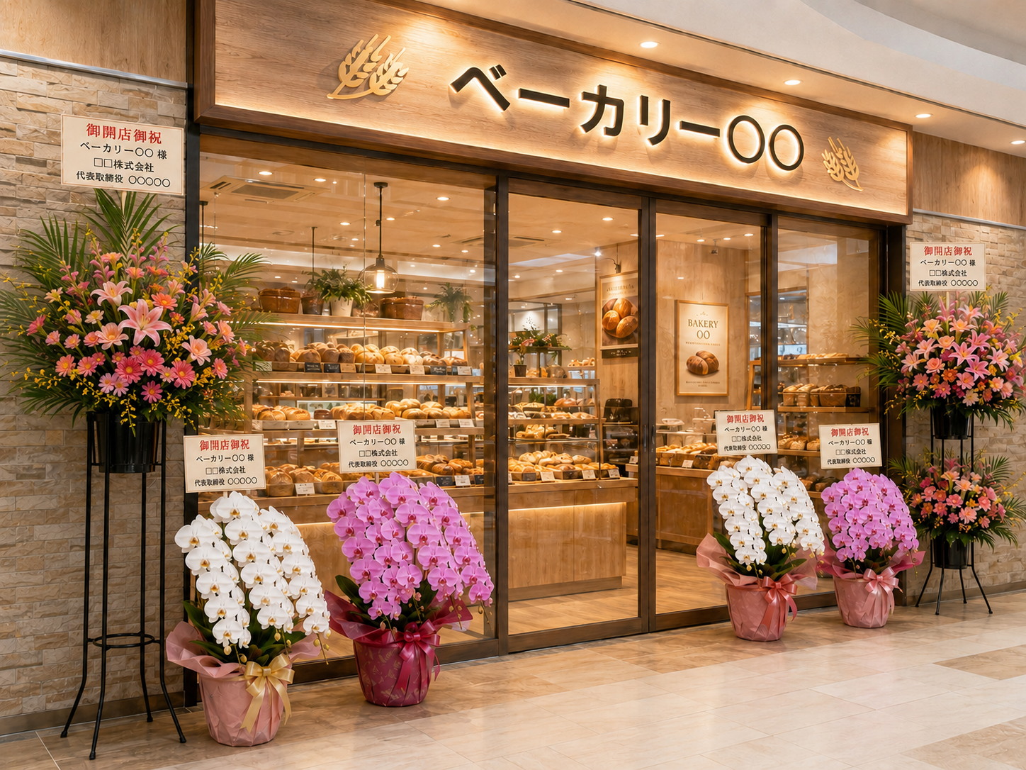 ベーカリー店頭にスタンド花と白・ピンクの胡蝶蘭が並ぶ様子