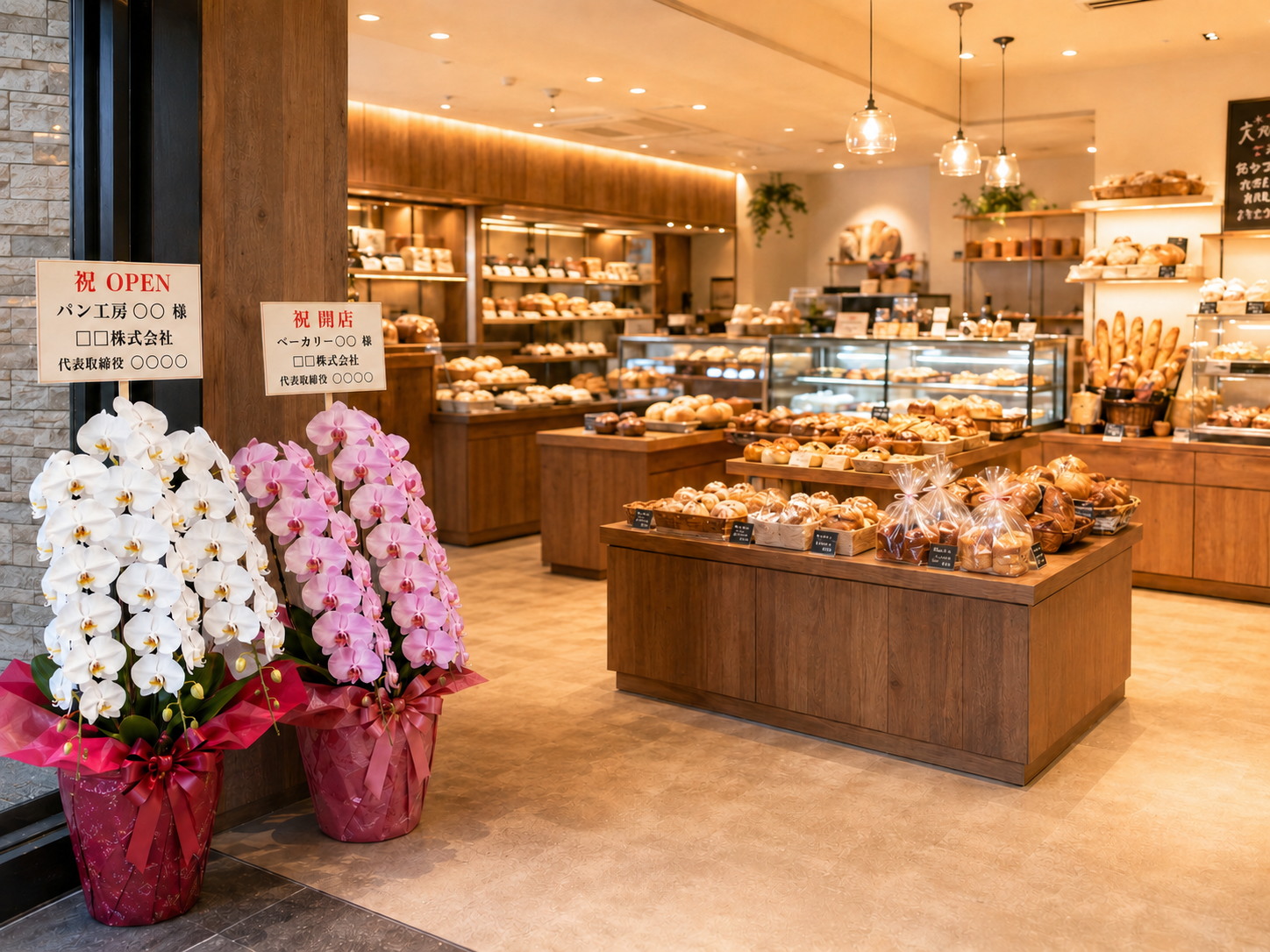 パン屋の店内のパン売り場に白とピンクの胡蝶蘭が飾られている様子